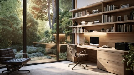 Modern home office with desk, cozy office with natural light