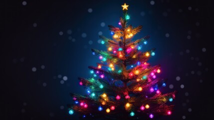 Colored Christmas lights fir tree. Bright neon Christmas tree with garlands, close-up. Christmas String Lights with Multicolor Bulbs on fir tree