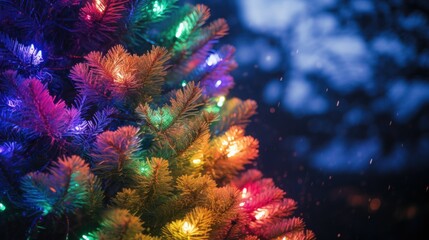 Obraz na płótnie Canvas Colored Christmas lights fir tree. Bright neon Christmas tree with garlands, close-up. Christmas String Lights with Multicolor Bulbs on fir tree
