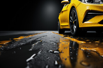 Yellow car on wet road