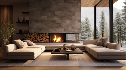 Modern luxury home, living room with fireplace