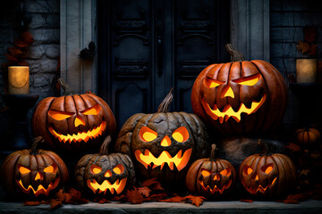 A group of carved pumpkins sitting in front of a house. Halloween. Generative AI
