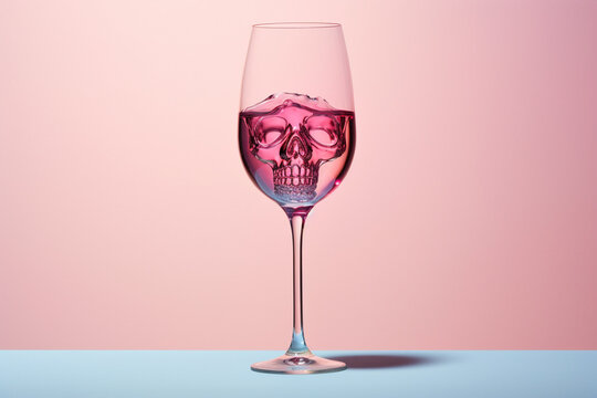 Concept for alcoholism and alcohol related deaths showing wine glass with skull inside