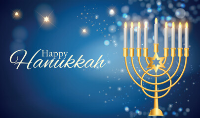 Happy Hanukkah Bright Background with Menorah, David Star and Bokeh Effect. Vector illustration