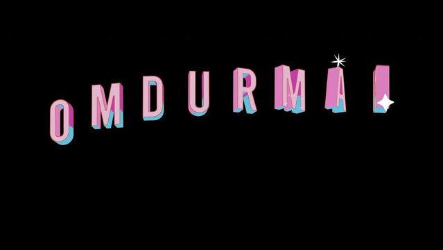 Bright letters jump merrily in the inscription OMDURMAN Big city. Retro. Alpha channel black. Looped from frame 120 to 240, Alpha BW at the end
