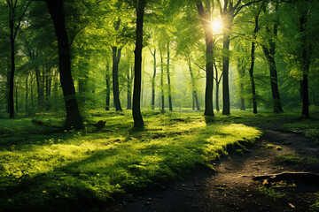 beautiful sunlight in the green forest