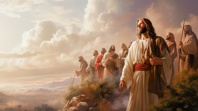 Illustration of Jesus Christ the Lamb of God and His apostles on top of a hill Generative AI