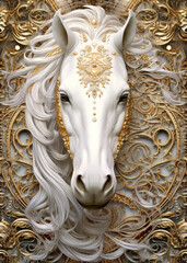 White Horse in the Art Deco style background, totem animals card, detailed illustration with gold and silver frame 
