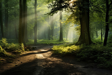beautiful sunlight in the green forest - obrazy, fototapety, plakaty