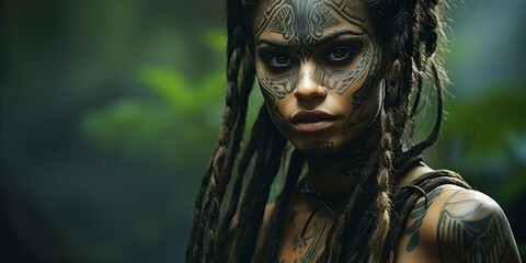 tattooed wild tribal warrior girl - obrazy, fototapety, plakaty
