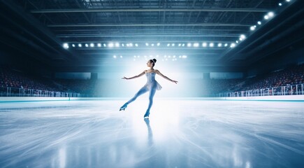 Fototapeta na wymiar figure skating scene, figure skater doing tricks in ice in professional stadium, figure skater on the ice
