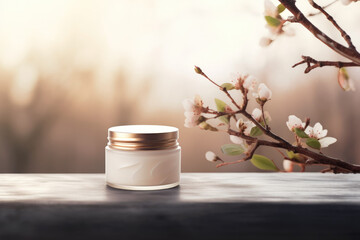 Blank glass cosmetic cream jar mockup. Standing outdoors on the table. Skin care product presentation. Template with copy space for text - obrazy, fototapety, plakaty
