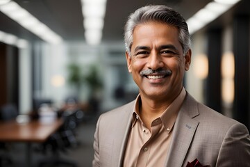 Obraz premium Headshot close up portrait of latin confident mature good looking middle age leader on blur office background. Generative Ai.