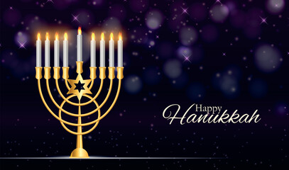 Happy Hanukkah Bright Background with Menorah, David Star and Bokeh Effect. Vector illustration