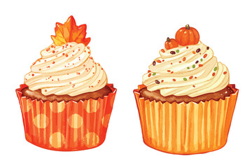 Fall theme cupcake isolated vector illustration. Fall decorated muffins