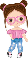 Vector Cute Little Girl Wearing Ripped Jeans, Pink Top and Heart Shape Glasses