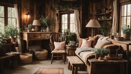 cozy charm of a rustic farmhouse, distressed wood, vintage decor, warm, earthy colors