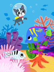 Children illustration with underwater world. Fish cartoon characters. Perfect for children activity book, picture book. Dog underwater. Children poster with cartoon underwater scene. Vector