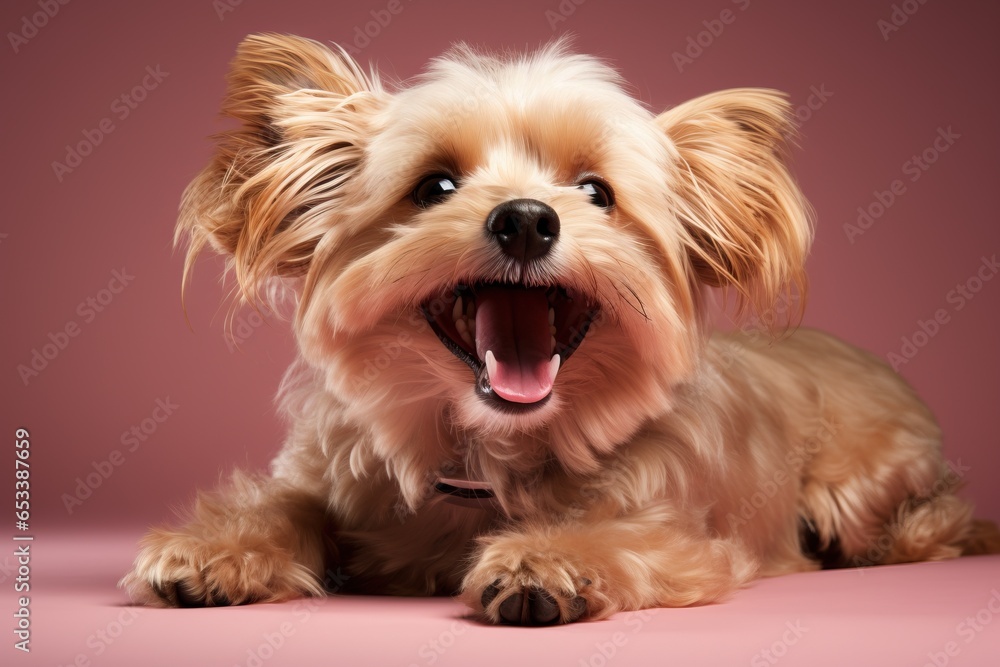 Sticker funny dog with an open mouth on a colored background in the studio