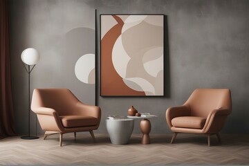 Two terra cotta armchairs against concrete wall with big abstract art poster Scandinavian mid-centu