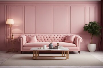 Tufted sofa and marble stone coffee table against pink wall with big poster Hollywood glam home int