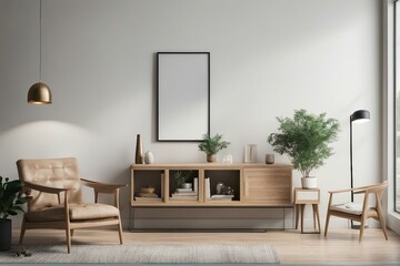 Vertical empty mock up poster frame on wooden shelf Interior design of modern living room with whit