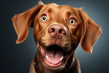 funny dog with an open mouth on a colored background in the studio