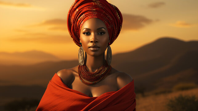 african woman with turban stands in a beautiful african sunset landscape - Powered by Adobe