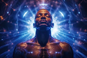 Fototapeta na wymiar a black man with his eyes closed, against the background of astral, spiritual radiance. Physical waves and self-knowledge