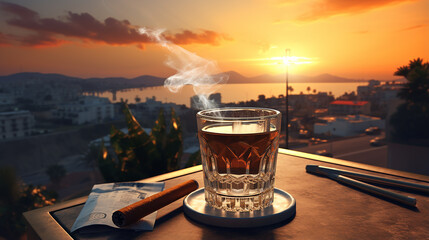 A glass Macallan 64 Year Old in Lalique, a pack of cigarettes and a lighter on a sunset background