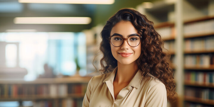 Latina Student Wearing Glasses Against The Background Of Bookshelves In The Library. Ai Generative