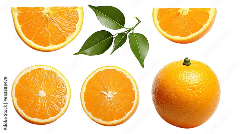 Wall mural Fresh orange sliced with leaves, full orange, half orange, pieces of orange on white isolated background.