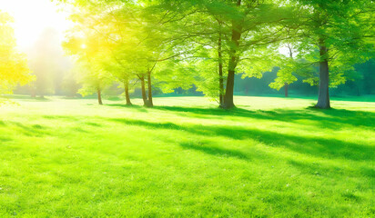 Beautiful summer nature landscape of park with a glade of fresh grass background