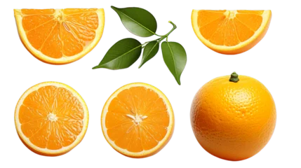 Fotobehang Fresh orange sliced with leaves, full orange, half orange, pieces of orange on white isolated background. © Inventing Pixel. Inc