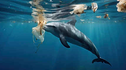 Zelfklevend Fotobehang A dolphin entangled in a plastic bags in the ocean. Environmental Protection. The concept of ocean pollution. © ekim