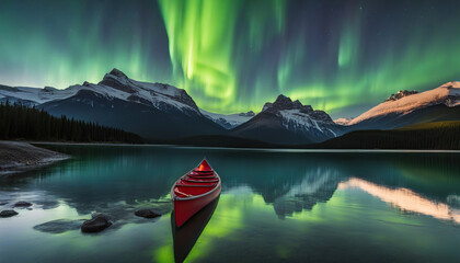 Aurora Canoeing Maligne Lake, Jasper National Park, Canada