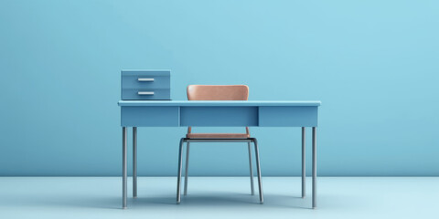 mockup,Light blue classroom, empty teacher's table front view, minimal school table template.generative ai