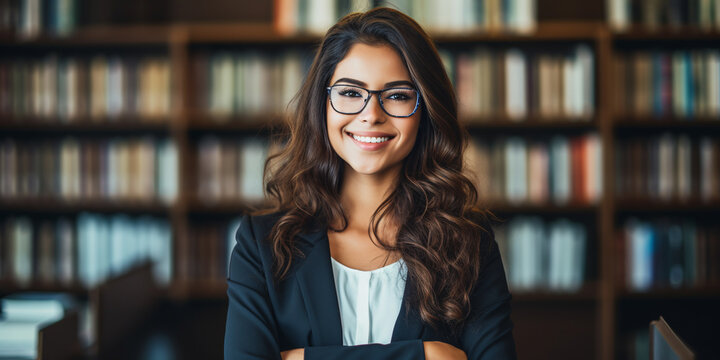 Latina Student Wearing Glasses Against The Background Of Bookshelves In The Library. Ai Generative