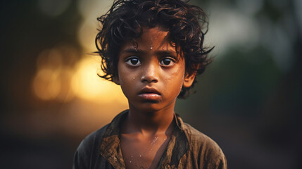 portrait Indian child feeling sad in the rural - obrazy, fototapety, plakaty