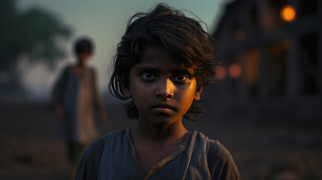 portrait Indian child feeling sad in the rural