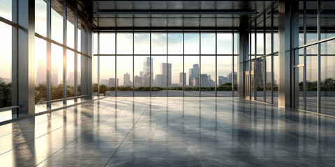 Perspective view of empty cement floor with steel and glass modern building exterior.generative ai