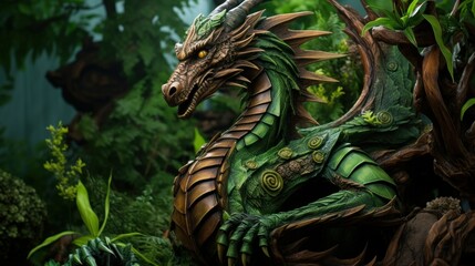 2024 is year of the Wood Dragon background, web banner. 2024 Chinese New Year. Symbol of 2024 new year green Wood Dragon on green nature background