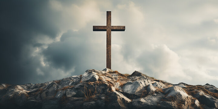 Christian cross against a gray cloudy sky. ai generative