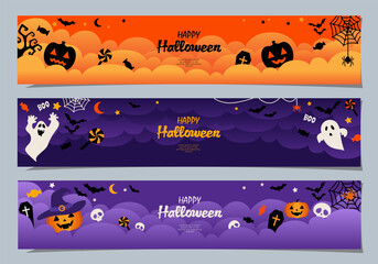 Naklejka premium Halloween banners set, party invitation background with clouds, bats and pumpkins in flat design for banner, cover, printing and social media post. Vector illustration.
