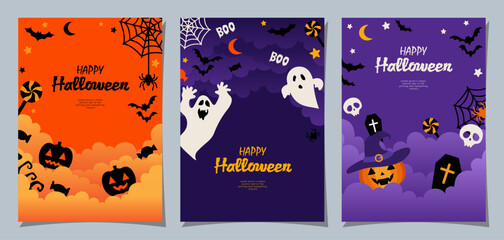 Halloween banners set, party invitation background with clouds, bats and pumpkins in flat design for banner, cover, printing and social media post. Vector illustration. © Udomdech