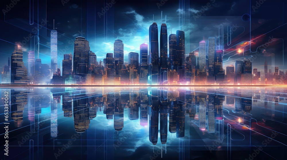 Wall mural digital futuristic night city illustration building future, street urban, technology background digi