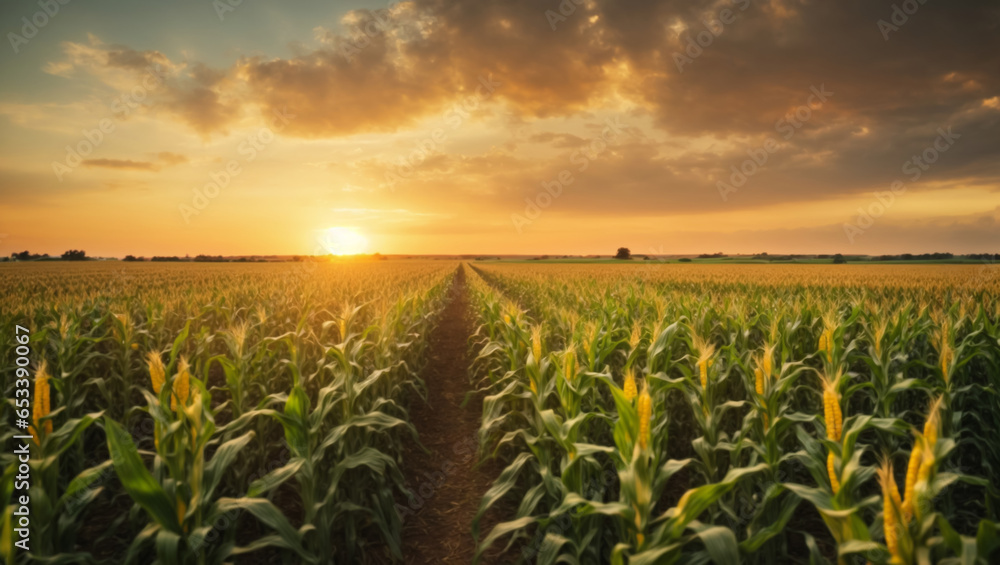 Wall mural panorama view of countryside landscape with corn field, beautiful maize field in sunset. ai generati