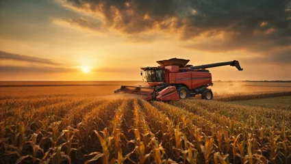 Foto op Aluminium Harvesting of corn fields with combine, Corn picker harvesting a large filed of sweet Corn with sunset sky. ai generative © DSM