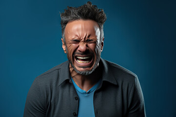 Obraz premium Coping with Emotions Portrait of a Man Expressing Sadness on a Calming Blue Backdrop. created with Generative AI