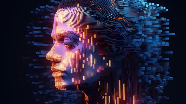 abstract voxel human head illustration face 3d, pixel cyborg, man design abstract voxel human head